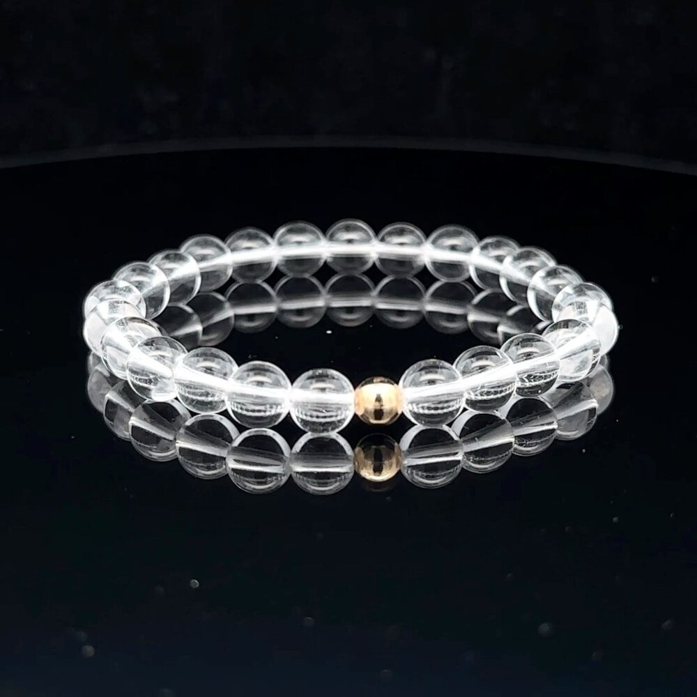 Gemstones Clear Quartz 6mm Stretchable Bracelet 14k Gold Bead Charm
